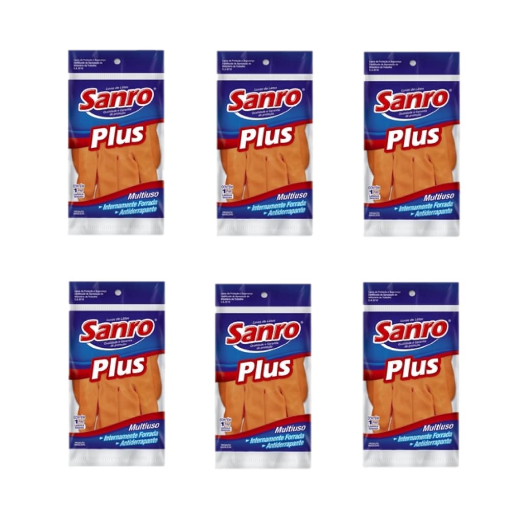 kit 6 Pares Luva Laranja Latex Limpeza Multiuso Plus Sanro