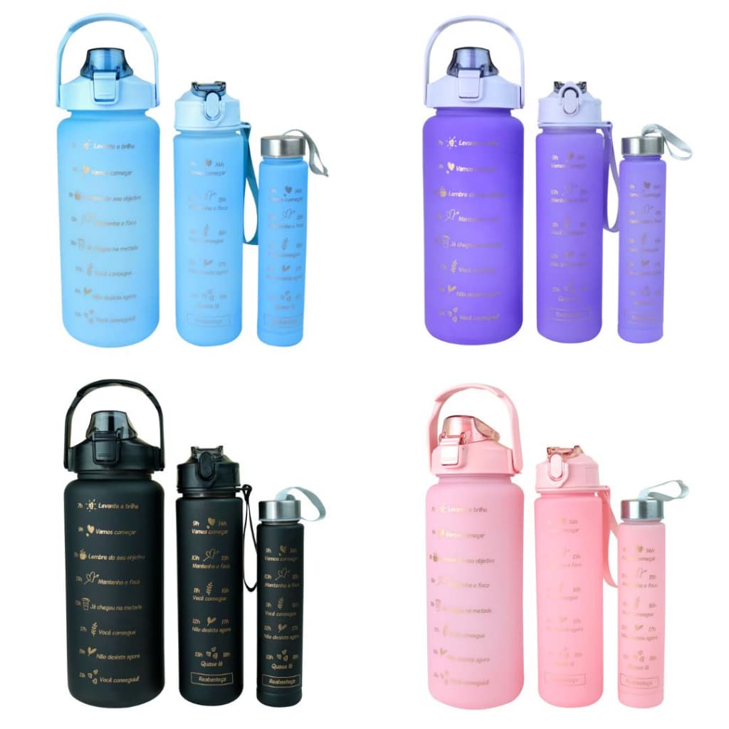 Kit 3 Garrafas de Plástico Motivacional 200ml, 700ml, 300ml