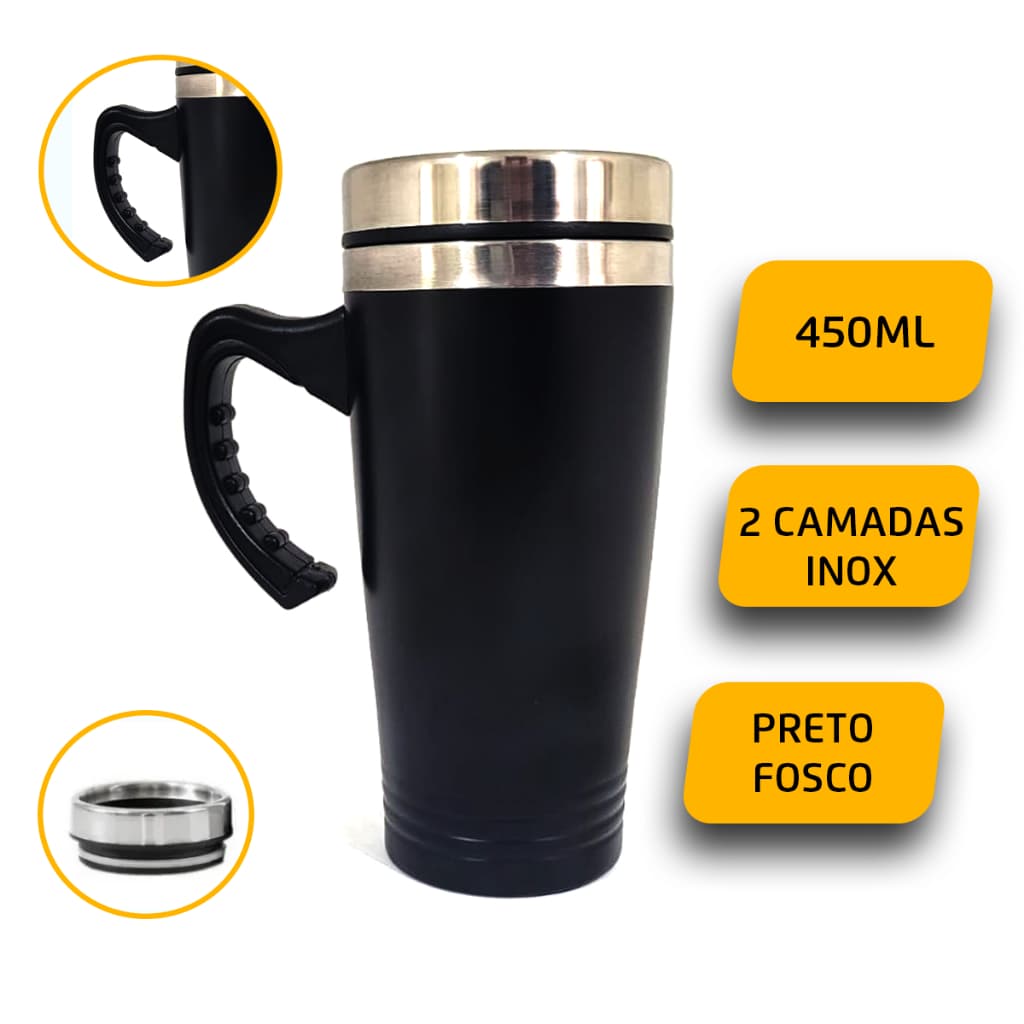 Garrafa Copo Inox 450ml Preto Fosco Alça Plástico Tampa Cerveja Suco Café
