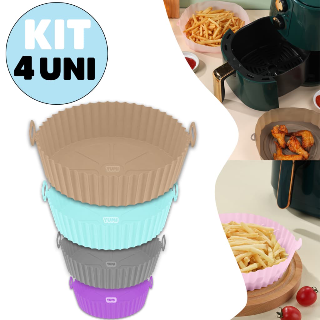 Kit 4 Bandeja Forma de Assadeira Para Air Frier, Forno, Micro-ondas Silicone Flexível Lavável Reutilizável Redonda