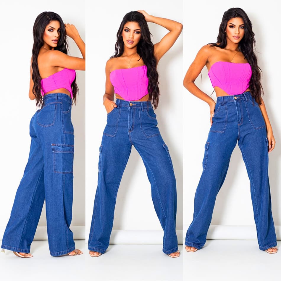 Calça Cargo Feminina Jeans Skatista Wide Leg Bolso Lateral Pantalona