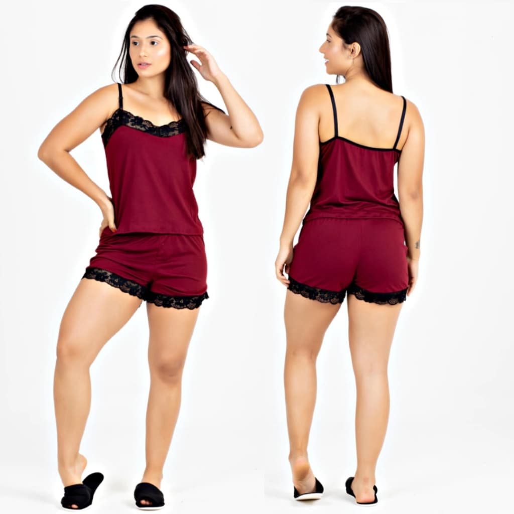 Pijama Plume Nobre Marsala Com Renda Francesa Preto e Alcinha