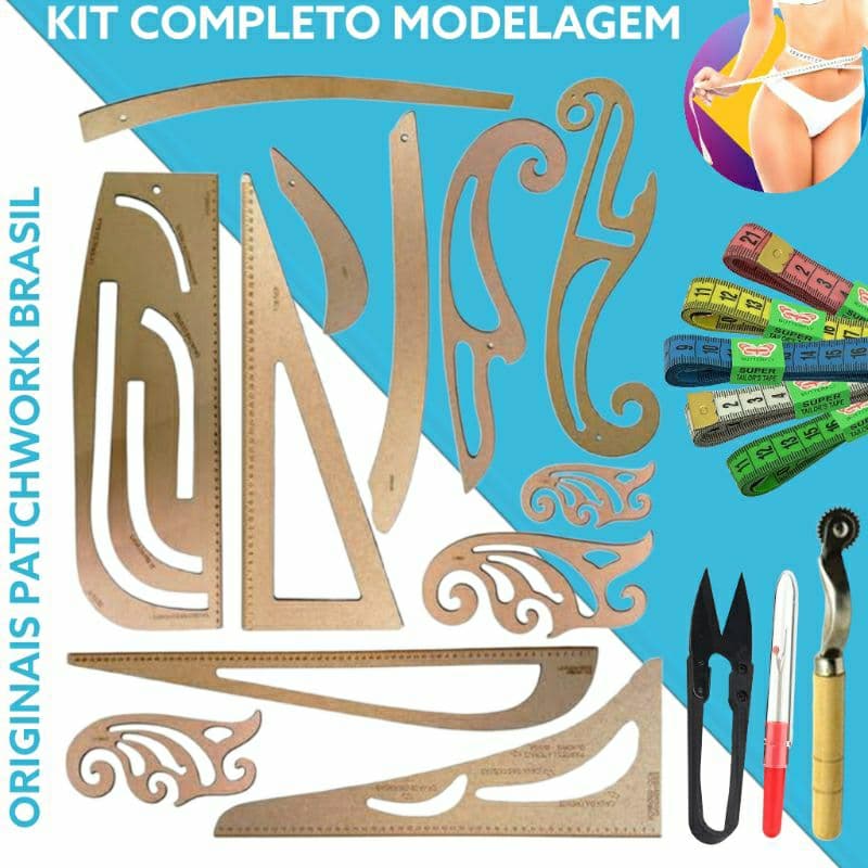 Kit 12 réguas francesas modelagem, fita metrica, tesoura, abridor de casa e uma carretilha