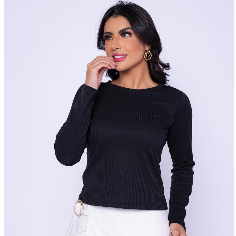 Blusa Básica de Frio Manga Longa GOLA REDONDA Segunda Pele Malha Canelada