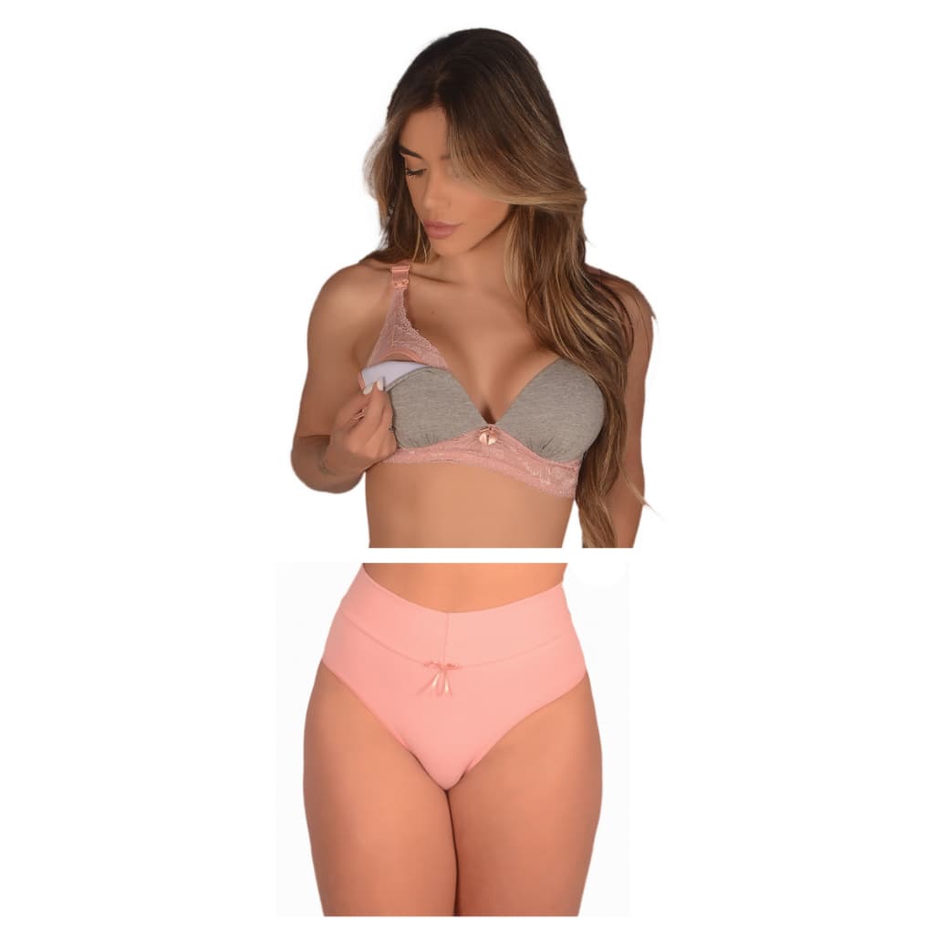 Kit Conjunto (Sutiã de Amamentação com Bojo + Calcinha Cós Alto Pós Parto) Feminino Confortável Gestante Maternidade Sutian Reforçado Renda Sustentação Calsinha Calçola Cintura Algodão Alta Soutien para Amamentar Rendado