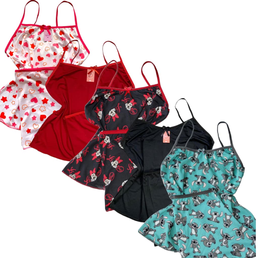 Kit 5 unidades, short doll, baby doll, pijama feminino adulto conforto