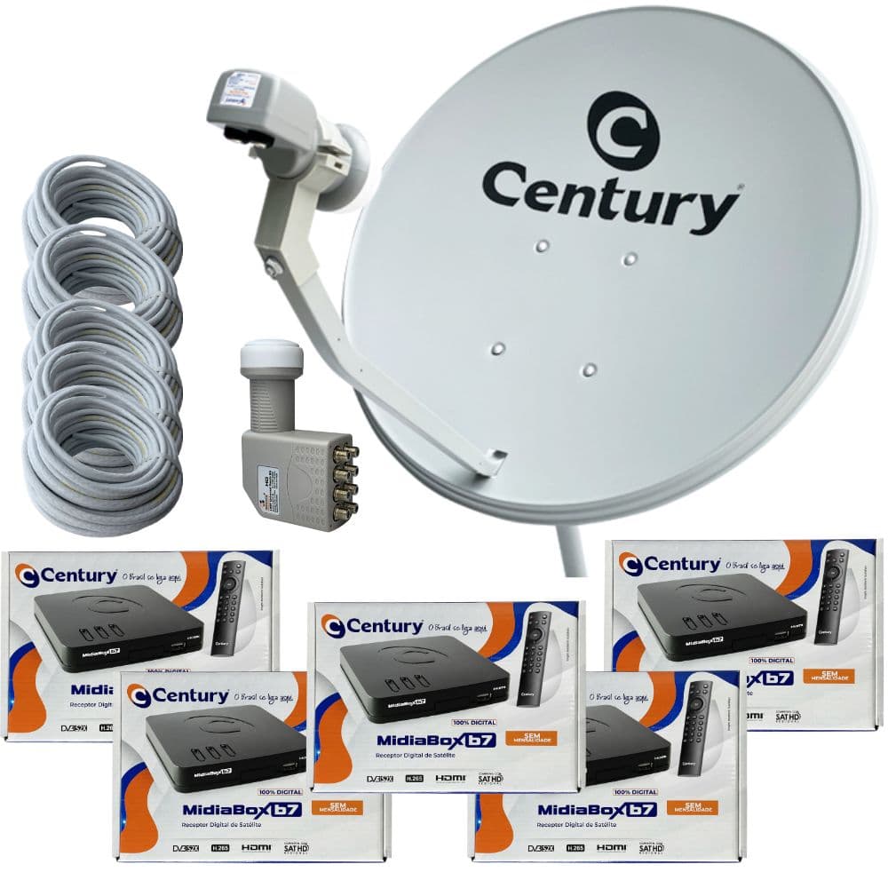 Kit Antena Parabolica 60cm com 5 Receptores Midiabox B7 LNB Octo e cabos