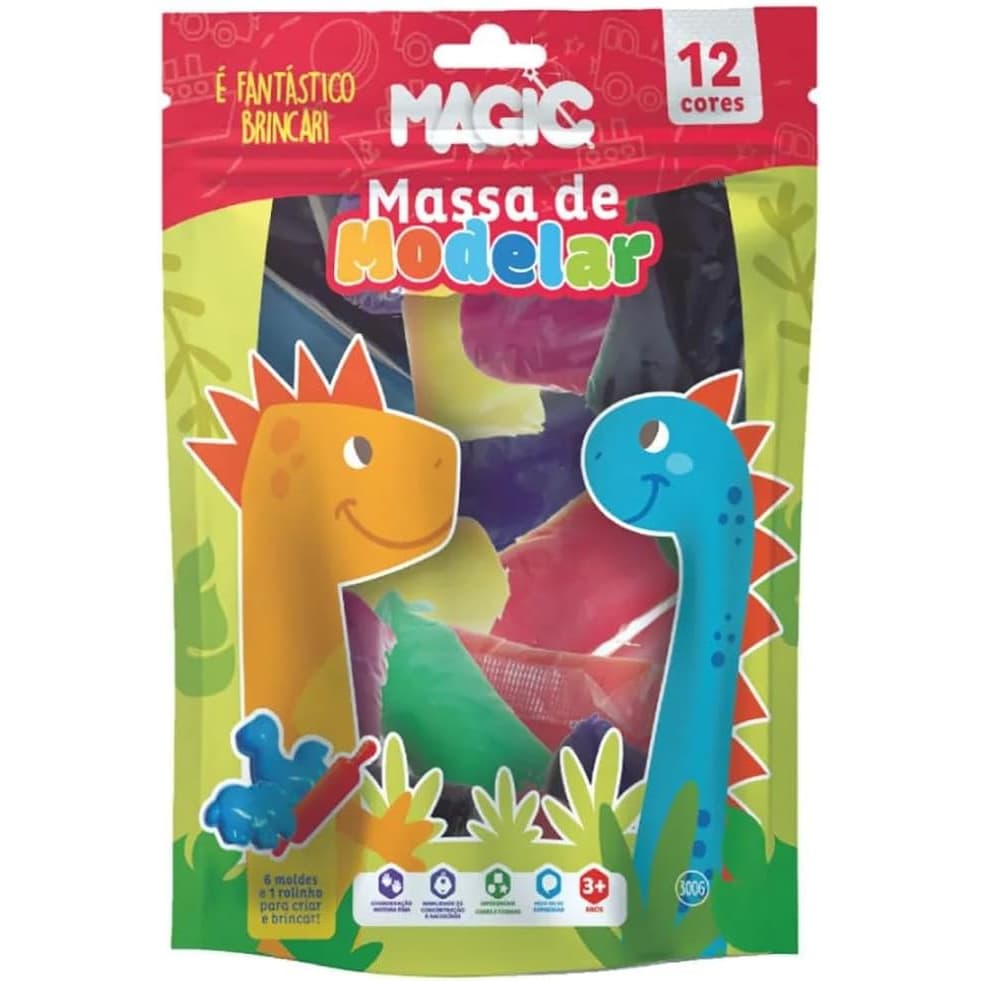 Massa de Modelar c/ Moldes + 1 rolo + 12 cores - Dinossauros - 300g