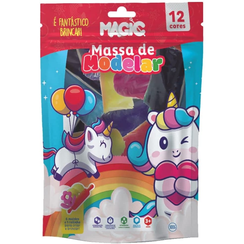Massa de Modelar c/ Moldes + 1 rolo + 12 cores - Unicórnio - 300g