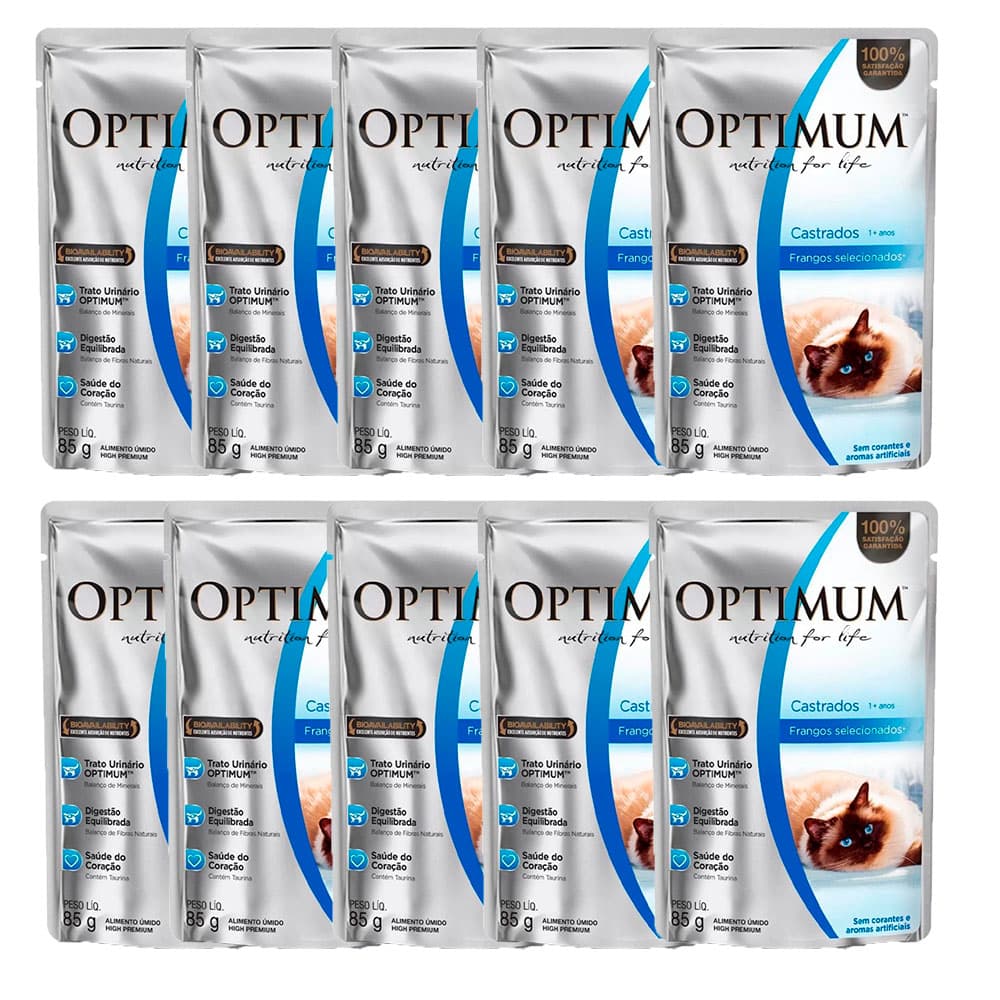 Kit com 10 Ração Úmida Optimum Sachê Gatos Castrados Frango 85g