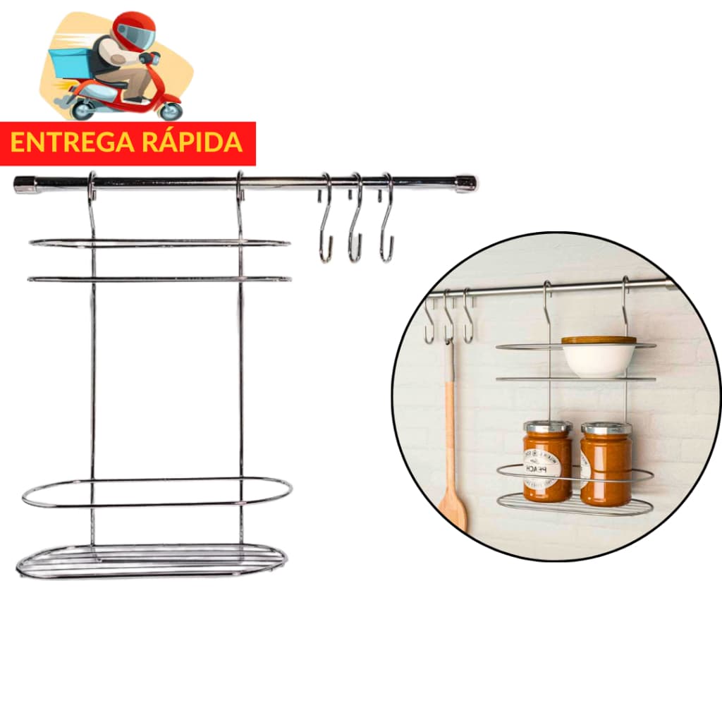 Organizador de Cozinha Suspenso Aço Cromado Porta Condimento - Kit 02 Bella Cucina