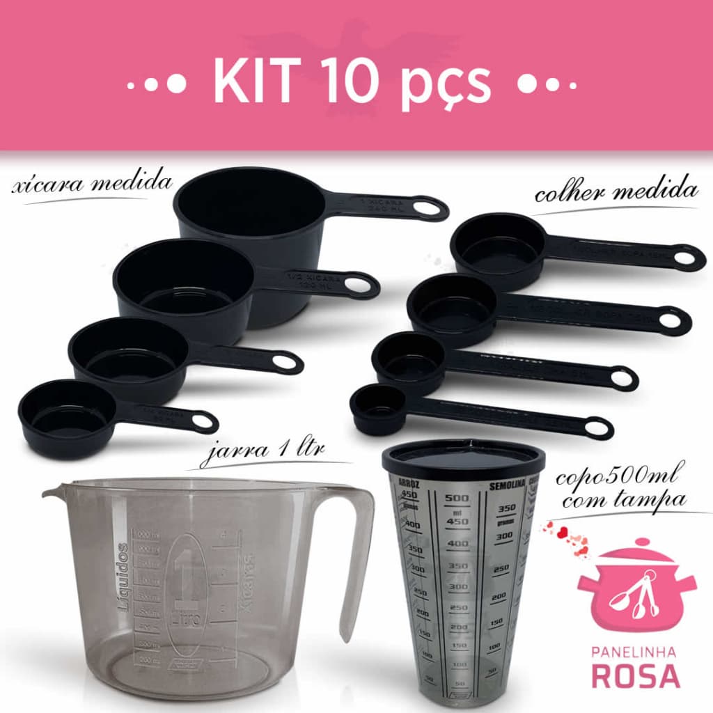 Kit medidores 10 peças total black medida copo com tampa - Não Erre Nas Medidas Das Suas Receitas Na Cozinha