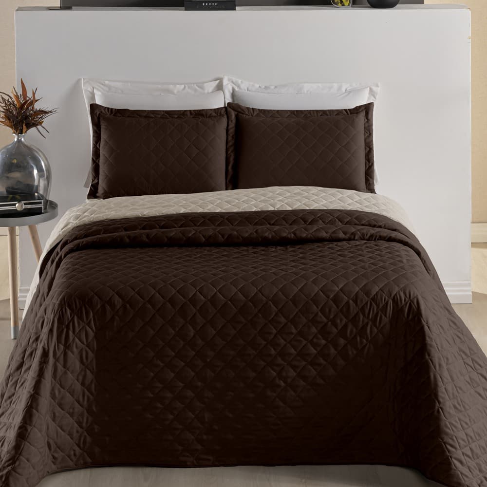 Cobre Leito Realeza Cama King Colcha Dupla Face Realeza 03 Peças Marrom com Avelã