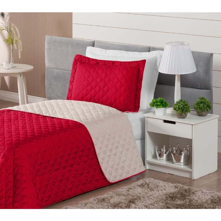 Kit Cobre Leito Realeza Cama Solteiro Colcha Dupla Face 02 Peças Vermelho com Avelã