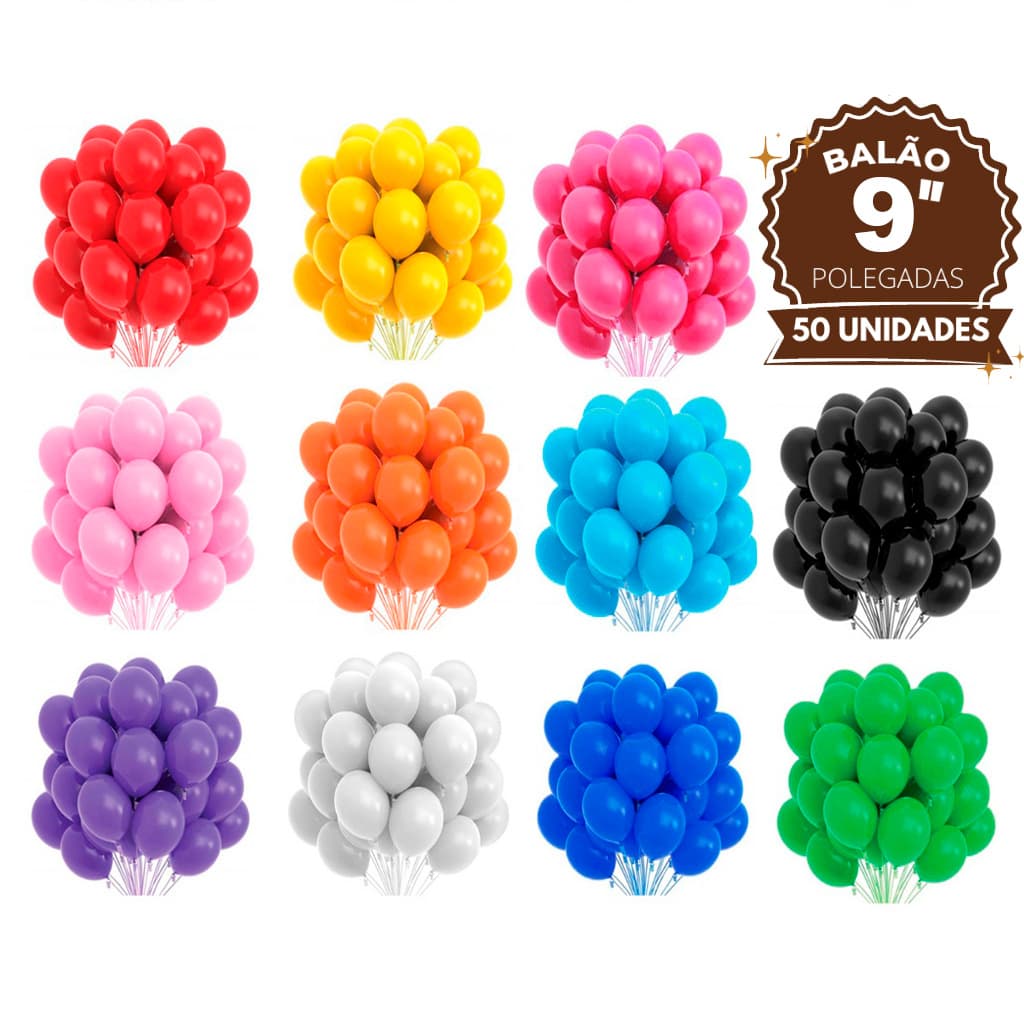50 Unidades Balão Bexiga Liso Número 9 Polegadas - Balões Bexigas Várias Cores Para Festas e Comemorações