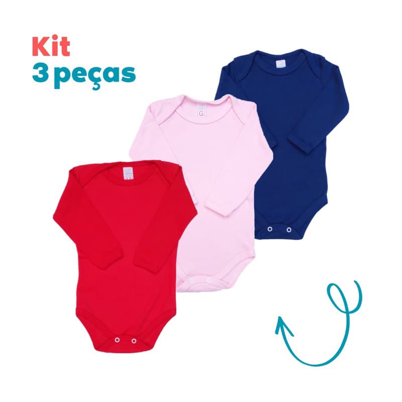 Kit Body Bebê Lisos Manga Longa (Kit 3 Peças) Suedine 100% Algodão