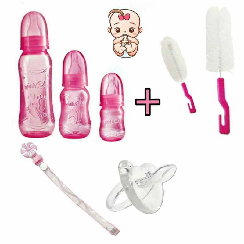 Kit Mamadeira Menina 7 Pcs com Escova Limpeza Mamadeira+Chupeta e Prendedor em Silicone