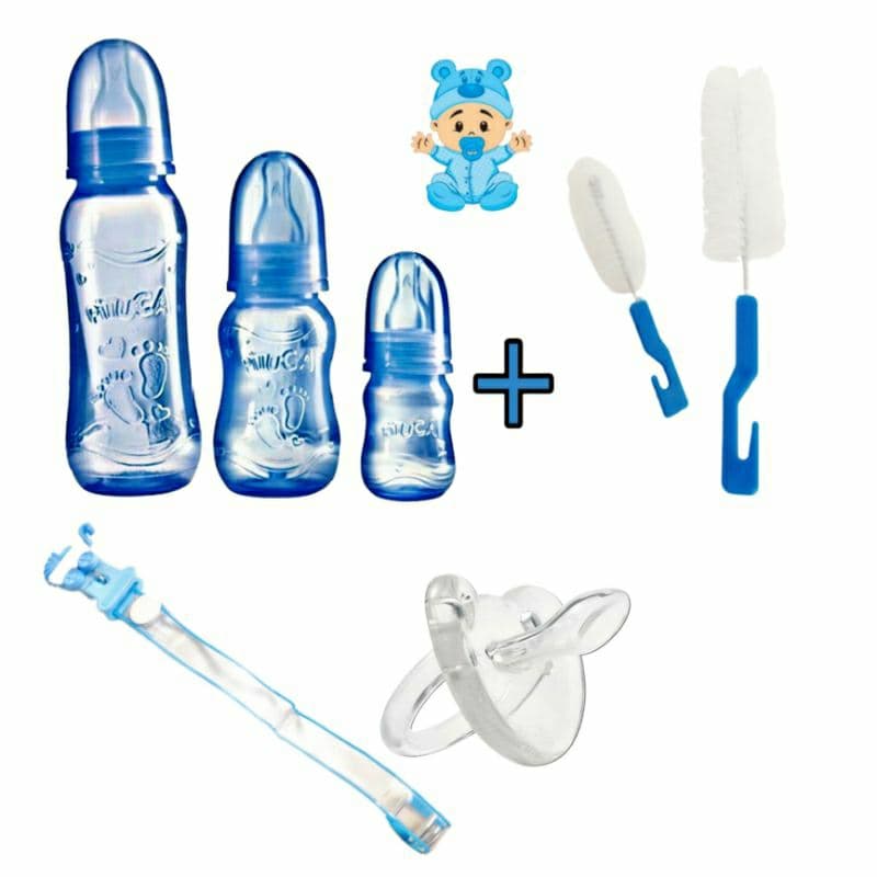 Kit Mamadeira Menino 7 Pcs com Escova Limpeza Mamadeira+Chupeta e Prendedor em Silicone