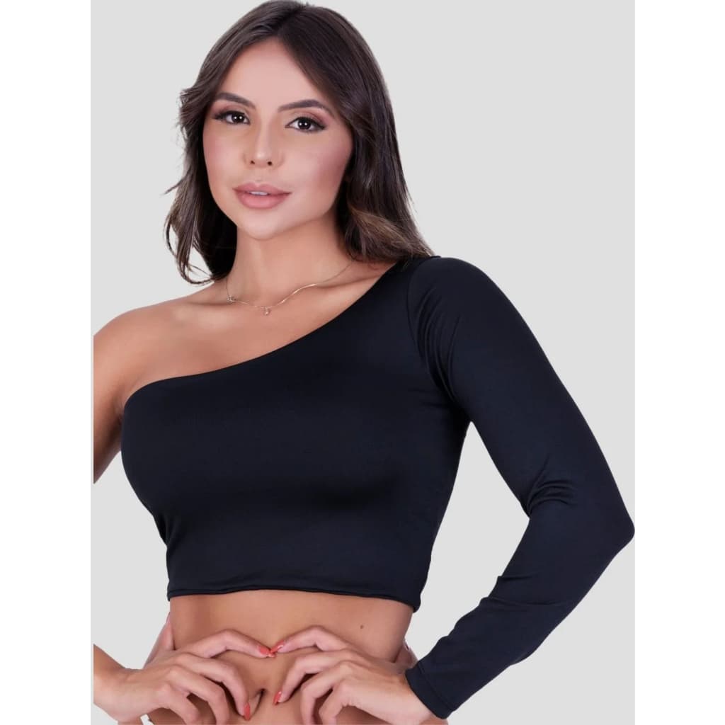 Cropped Manga Longa Mula Manca Um Ombro Só Com Bojo