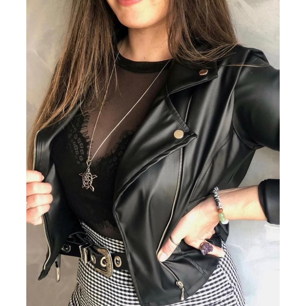 Jaqueta De Couro Feminina Com Ziper Inverno Elegante