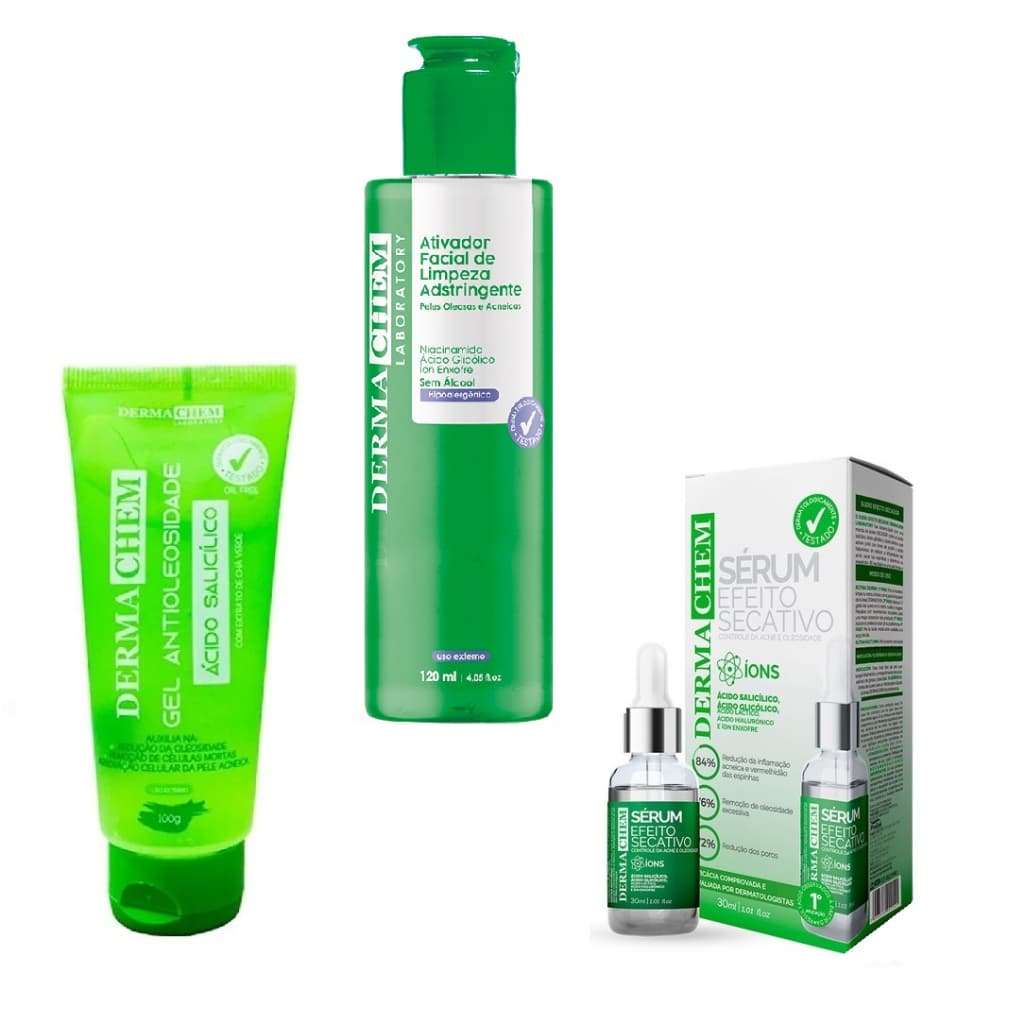 Skin Care Para Pele Oleosa - Gel de Limpeza Facial Antioleosidade + Serum Efeito Secativo Com Ácido Glicólico e Ácido Salicílico + Ativador Facial de Limpeza Adstringente - Dermachem