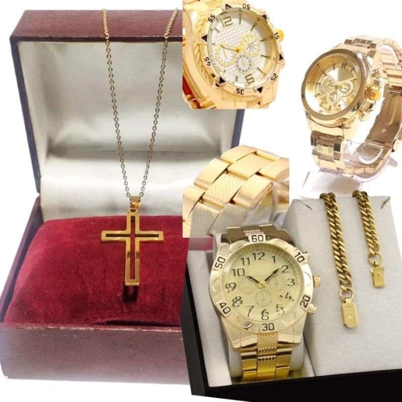 Kit Masculino Relógio Dourado de aço+ Colar cruz + pulseira 18k Promoção dia dos pais presente