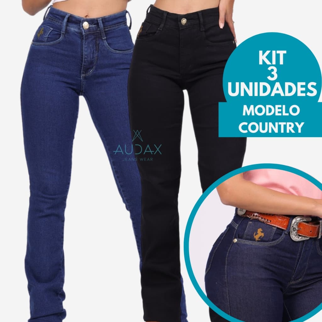 KIT 3 Calças Country Cintura Alta Feminina Empina Bumbum Calca Rodeio com Lycra Elastano Cós Alto