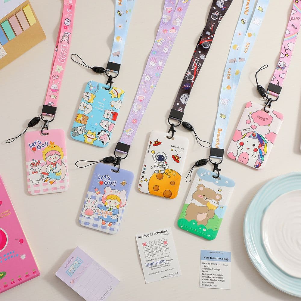 Kit Porta Cartão Crachá Passes de Ônibus Fofo kawaii de Plástico com Cordão Longo