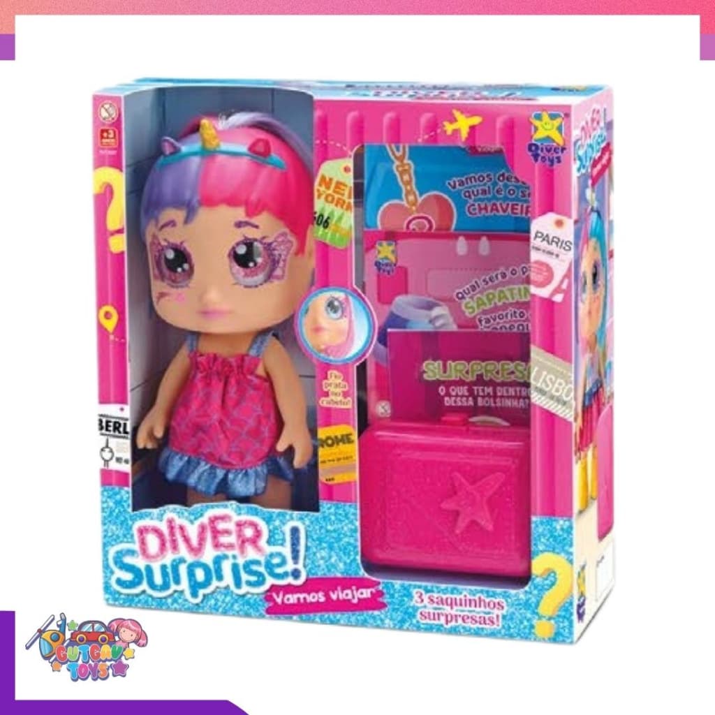 Boneca Diver Surprise Vamos Viajar Azul E Rosa + Acessórios