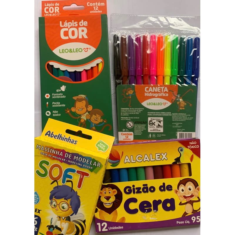 kit escolar Canetinha+Massinha+Lápis de cor 12 cores+Giz de cera