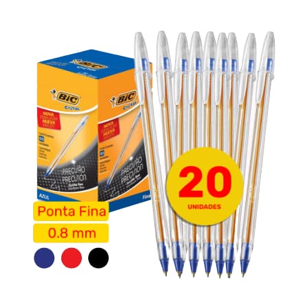 KIT 20 Canetas Bic Cristal Esferográficas 0.8mm Ponta Fina Cores Azul, Preta e Vermelha Original