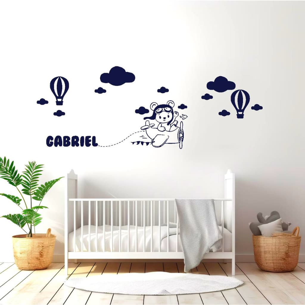Adesivo de parede urso aviador, ursinho, nuvens, balão de ar quente quarto de menino decoração