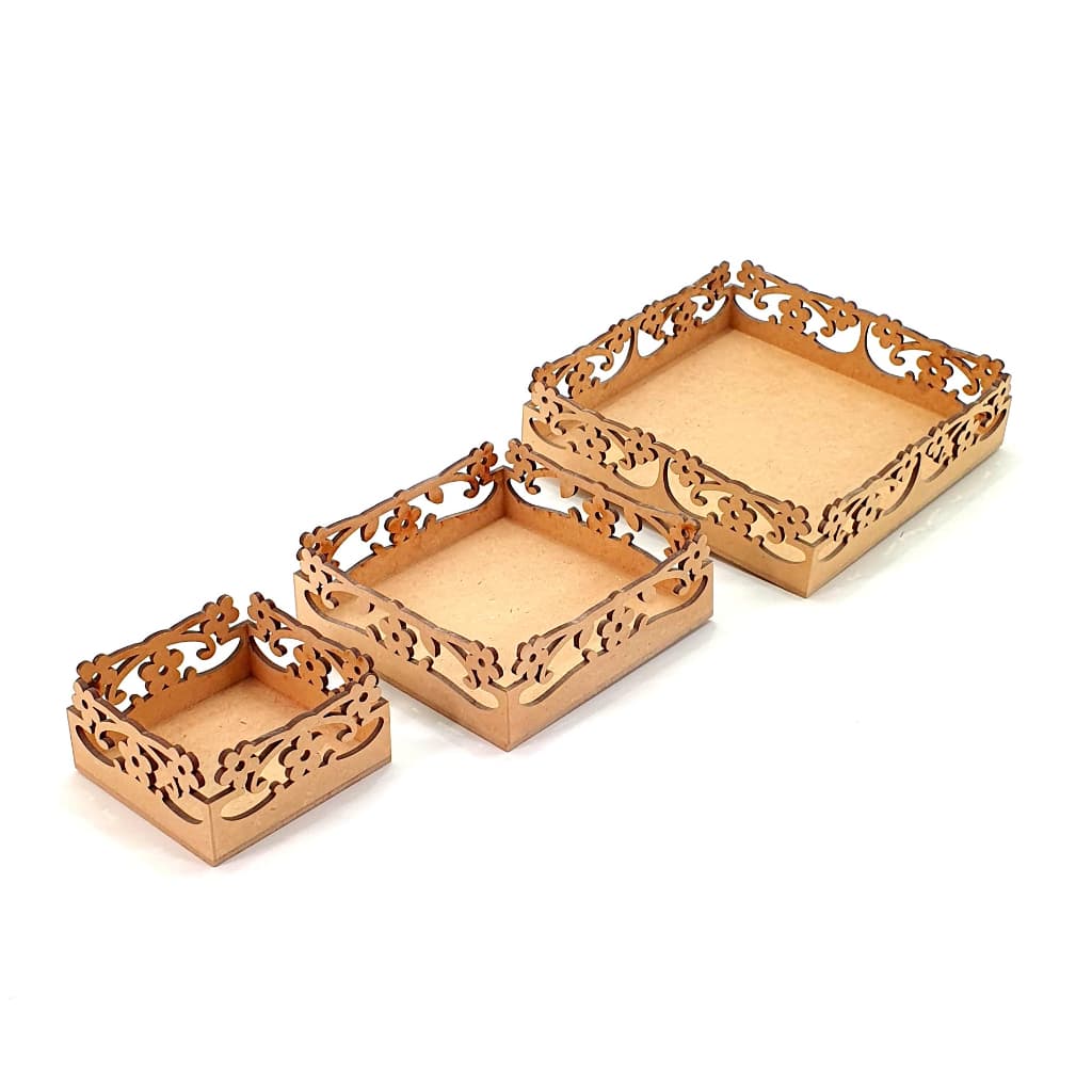 Kit 3 Cestas Quadradas Flor a Laser – Lembrancinhas Criativas para Festa, Mesa ou Jardim