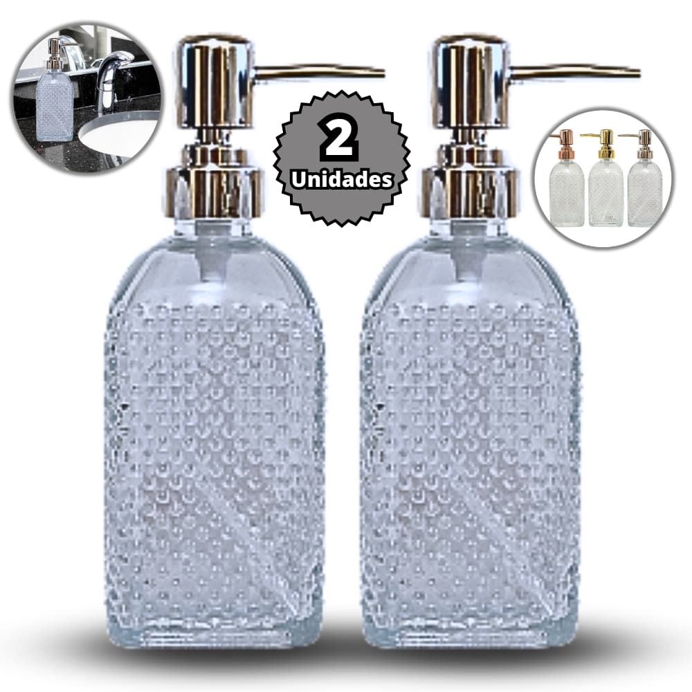 2 Saboneteiras Dispenser Porta Sabonete Liquido Vidro Transparente Luxo Lavabo Banheiro Pia