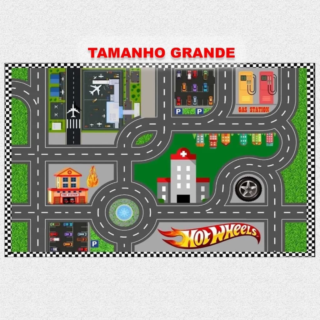 Tapete Infantil Pista Hot Wheels e com 3 carrinhos de brinde.