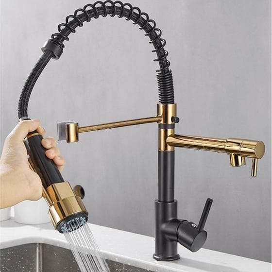 Torneira Luxo Cozinha Monocomando Inox Preta com Dourada Multifunção Gourmet Flexivel