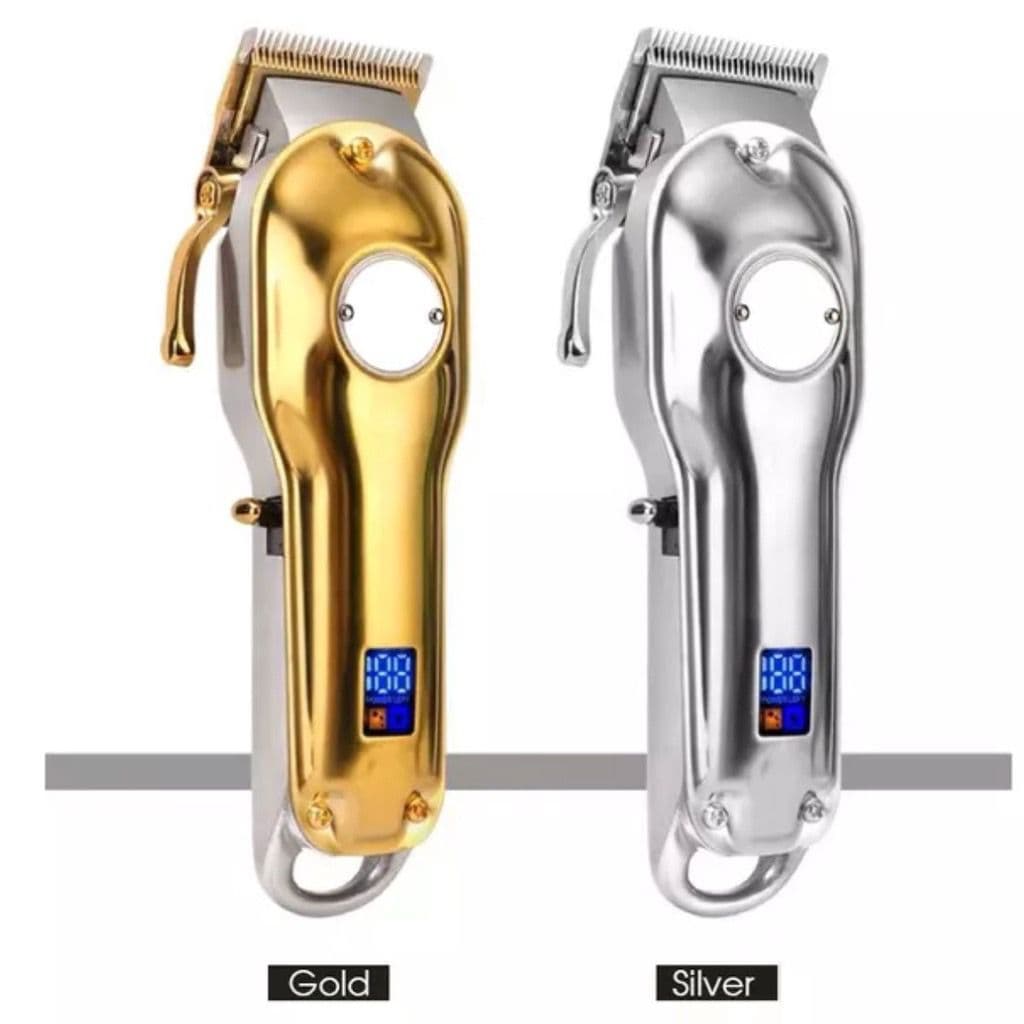 Máquina de Cortar Cabelo Kemei KM-1986 Bivolt Dourada ou Prata Recarregável Com display LCD