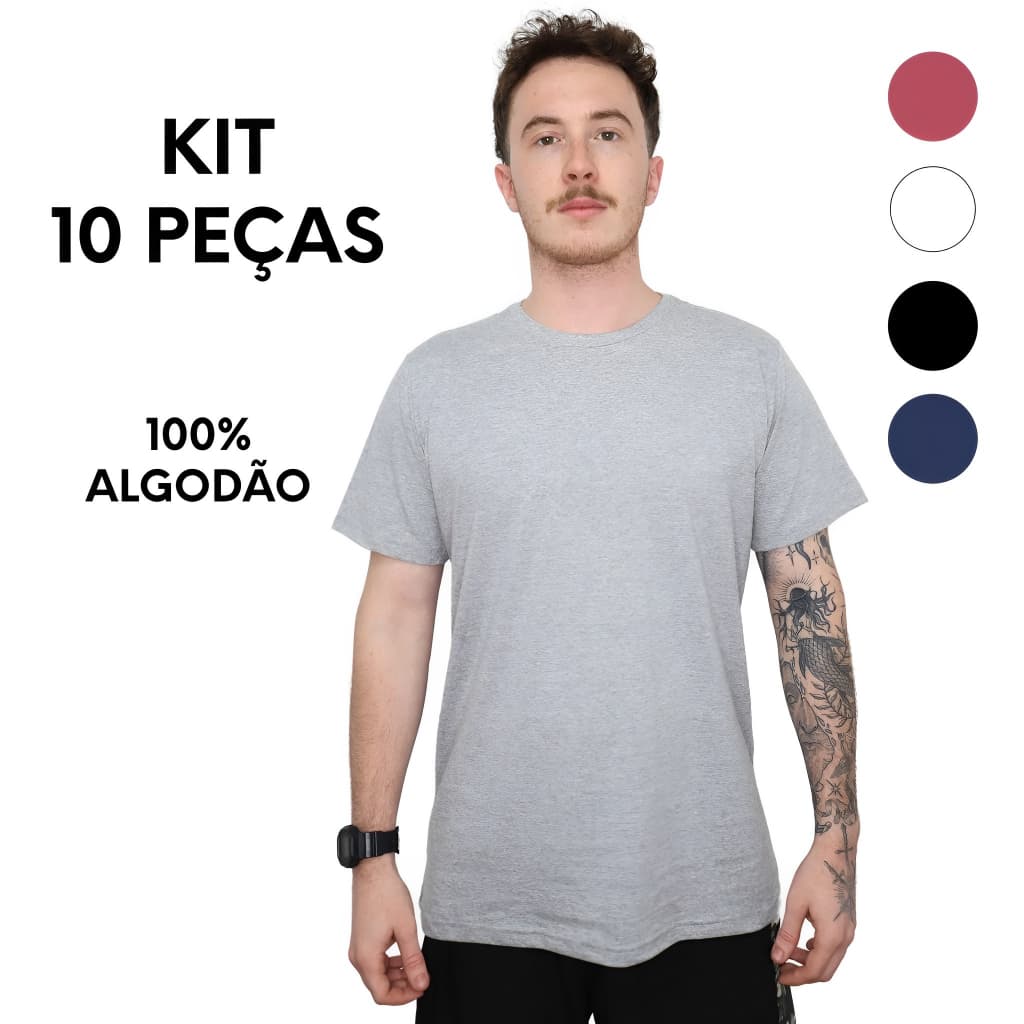 KIT 10 Camiseta Masculina Lisa Básica 100% Algodão 30.1 Macia Confortável Caimento Reto