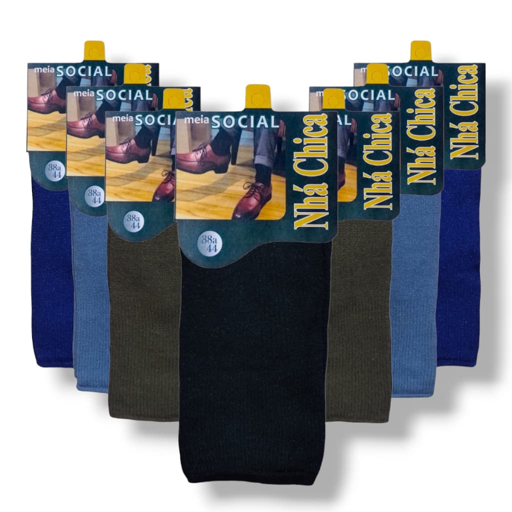 Kit Meia Social Premium Original Masculina até 12 Pares Adulto em Poliamida Preta Marrom Azul Cinza