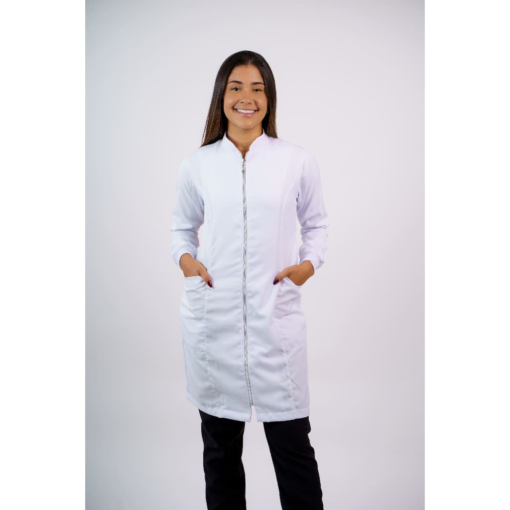 Jaleco Acinturado de Zíper em Gabardine Feminino Gola Padre