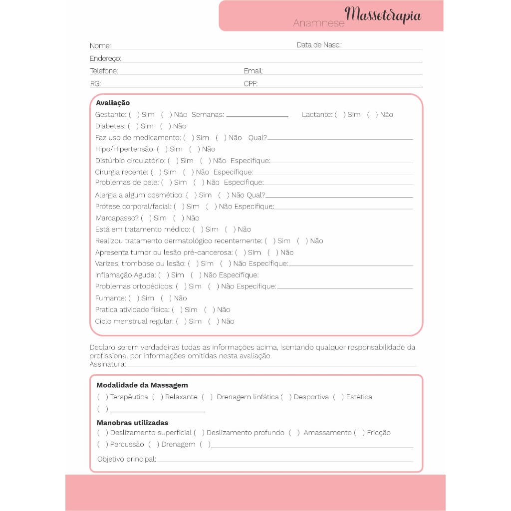 Bloco 100 Folhas Ficha Anamnese para Massoterapia / Massagem / Drenagem Linfática