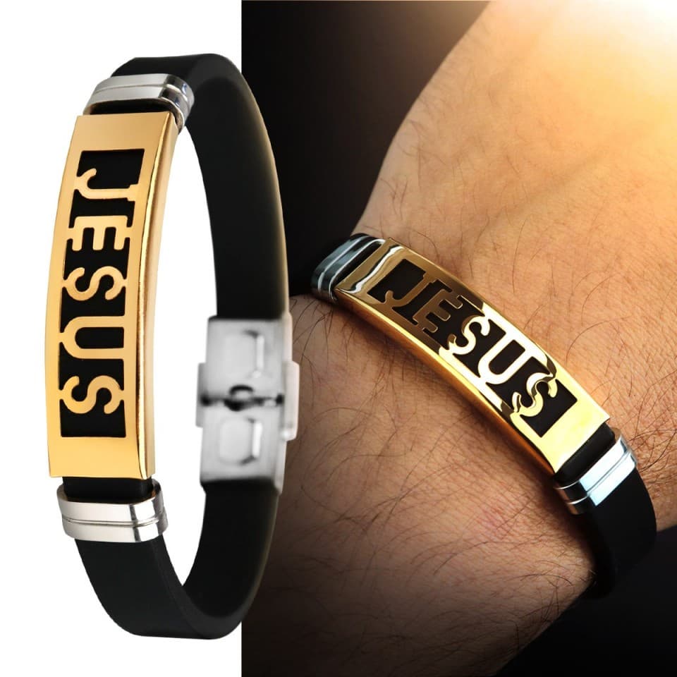 Pulseira  Masculina De Silicone E Aço  inox Placa Jesus Fé Evangelica Religião