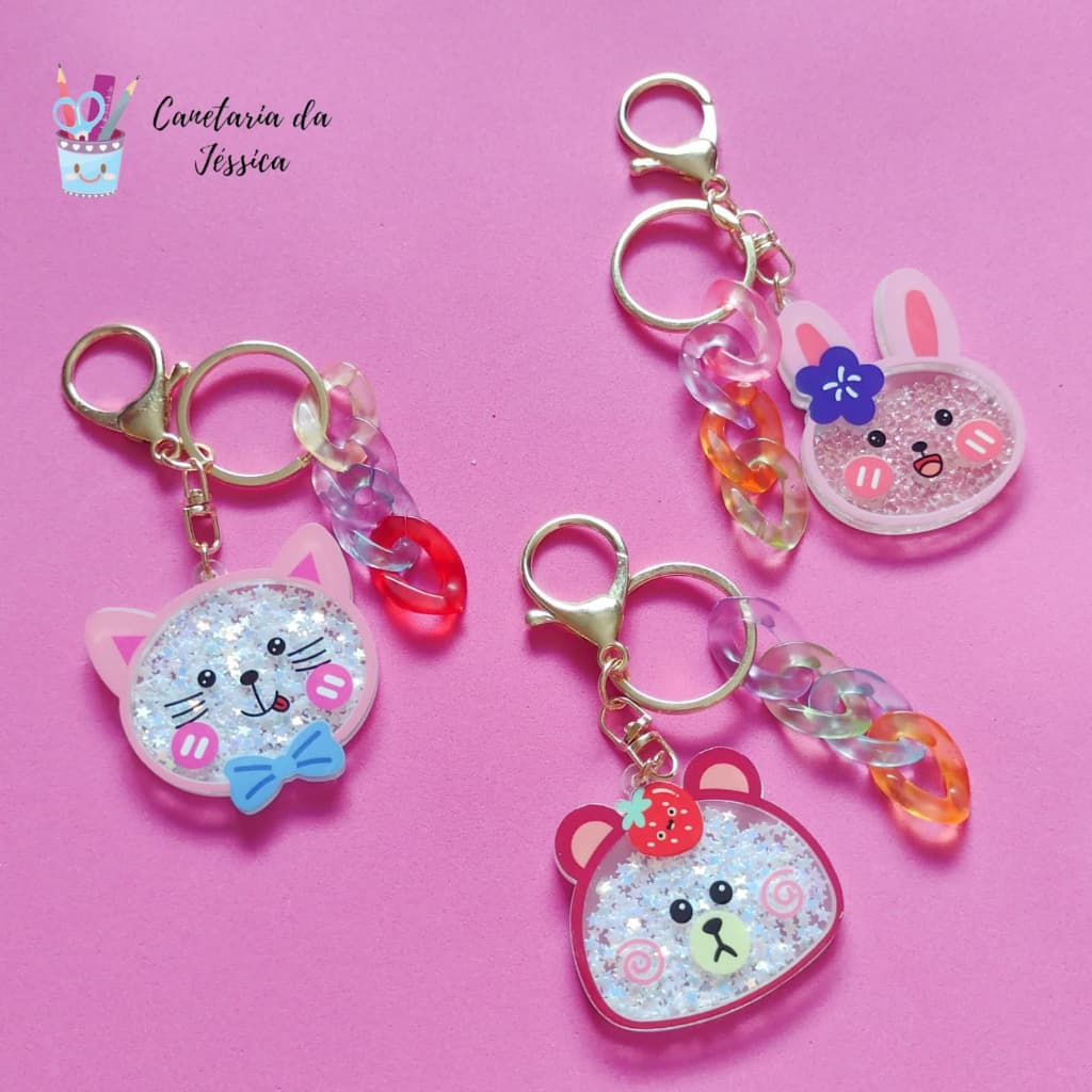 Chaveiro Cute Tipo Acrílico de Bichinhos Kawaii com Estrelinhas ou Bolinhas