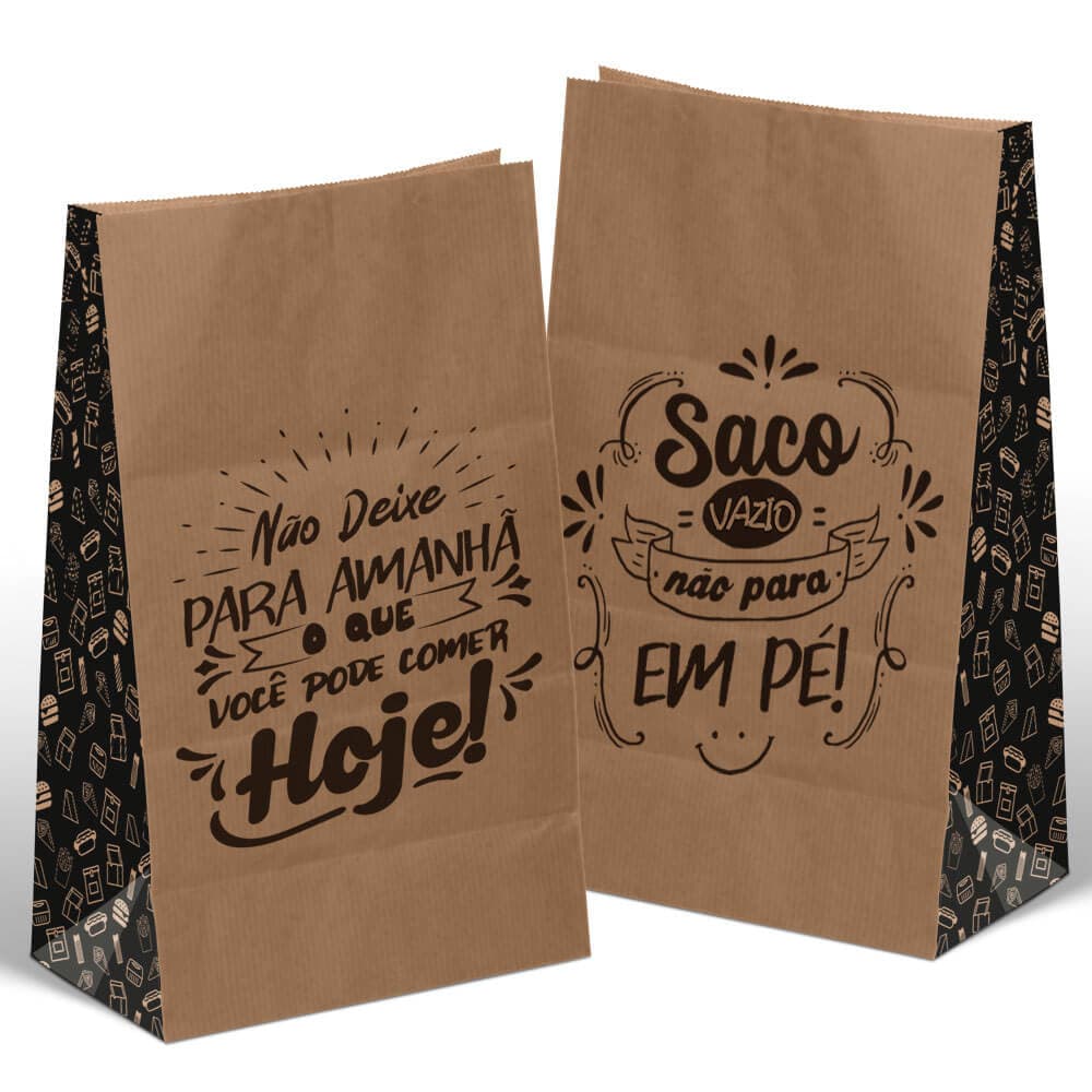 Saco Kraft Médio para Delivery, Viagem - Várias Estampas - 50 unidades