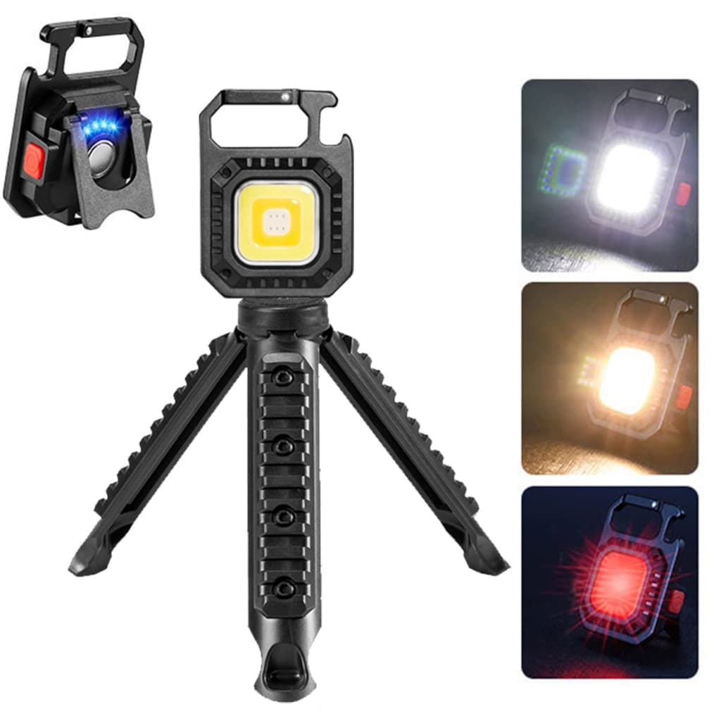 Mini Refletor Chaveiro Lanterna Led Forte Recarregável + Tripé 5 Em 1