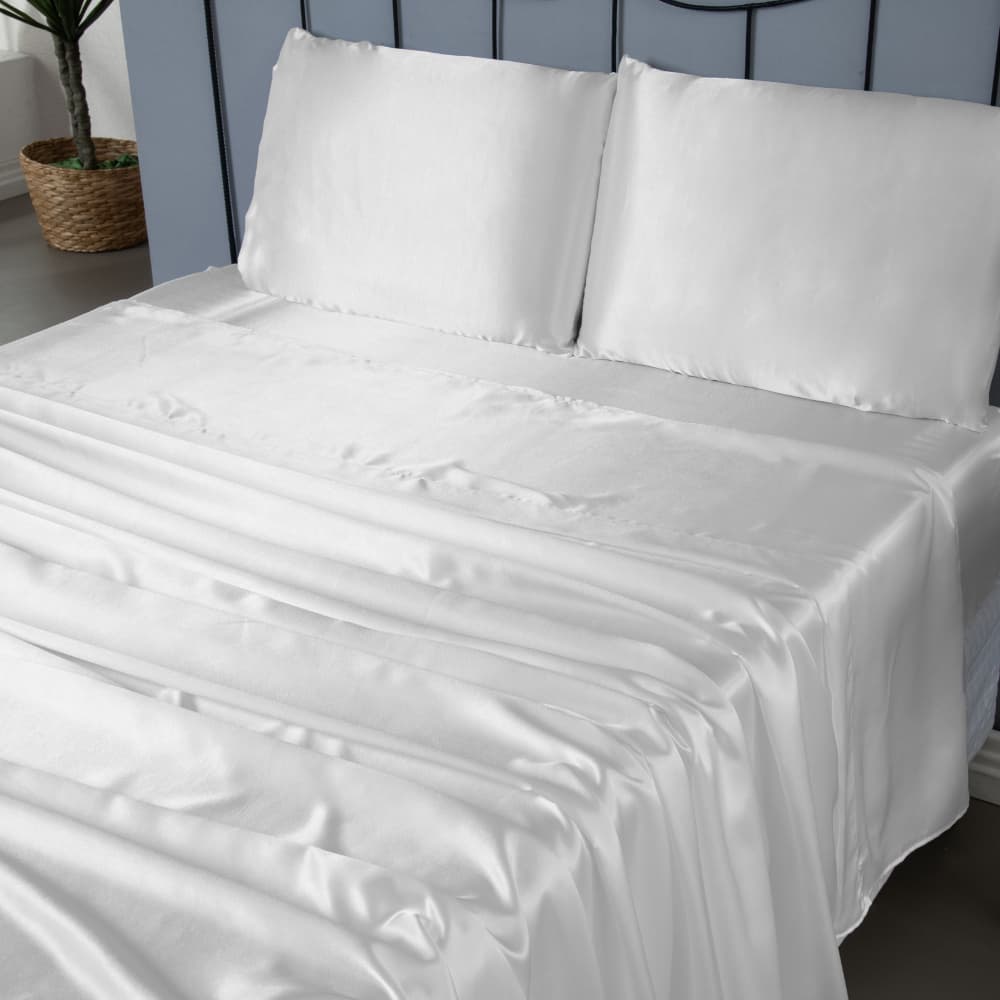 Lençol de Cetim Branco Cama Casal Queen Com Elástico Antifrizz Lençol de Seda Jogo Kit 4 Peças