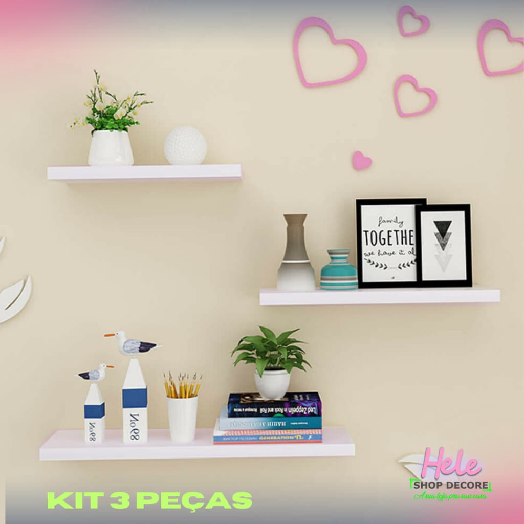 Kit 3 Prateleiras Reta 20.30.40cm Mdf P/ Decoração, Parede , Cozinha, Sala e Quarto
