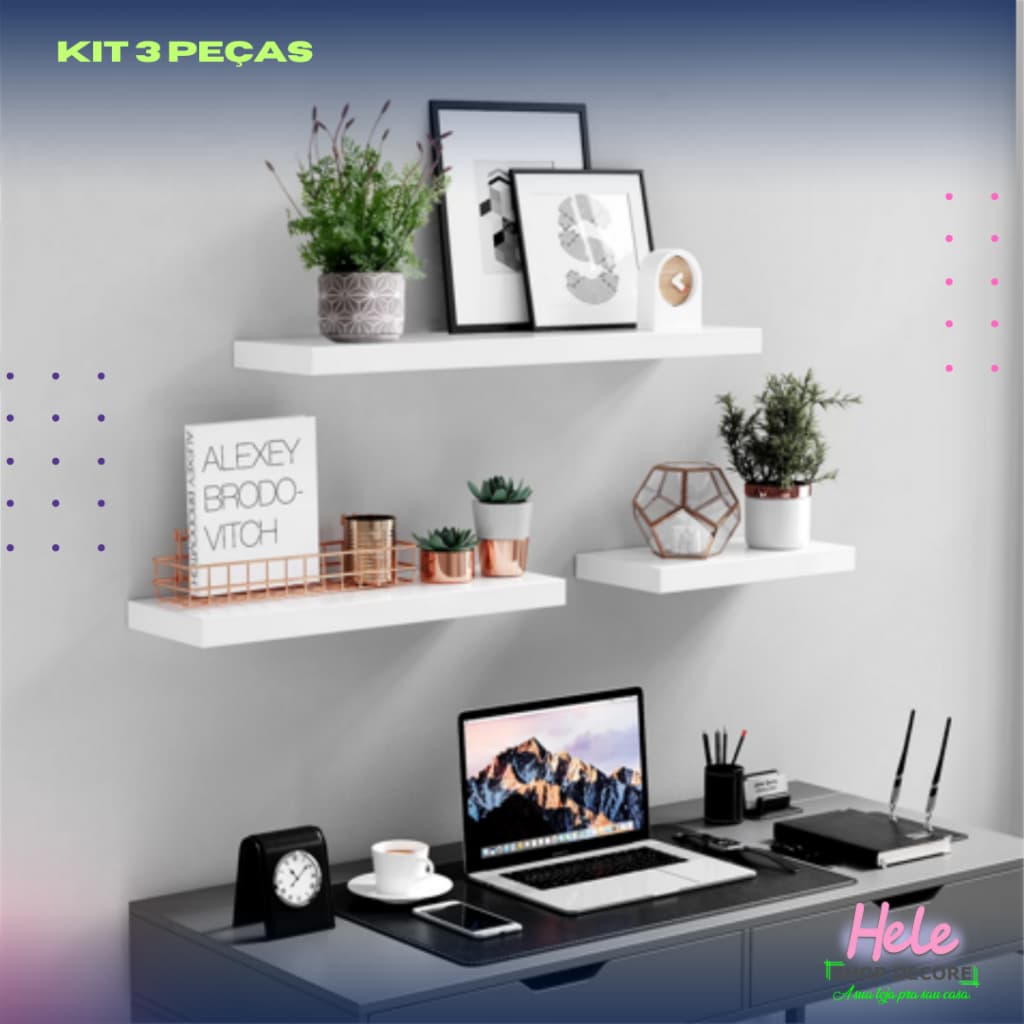 Prateleira Decorativa Kit Com 3 Peças 20x30x40 MDF 15mm Branco Com Suportes