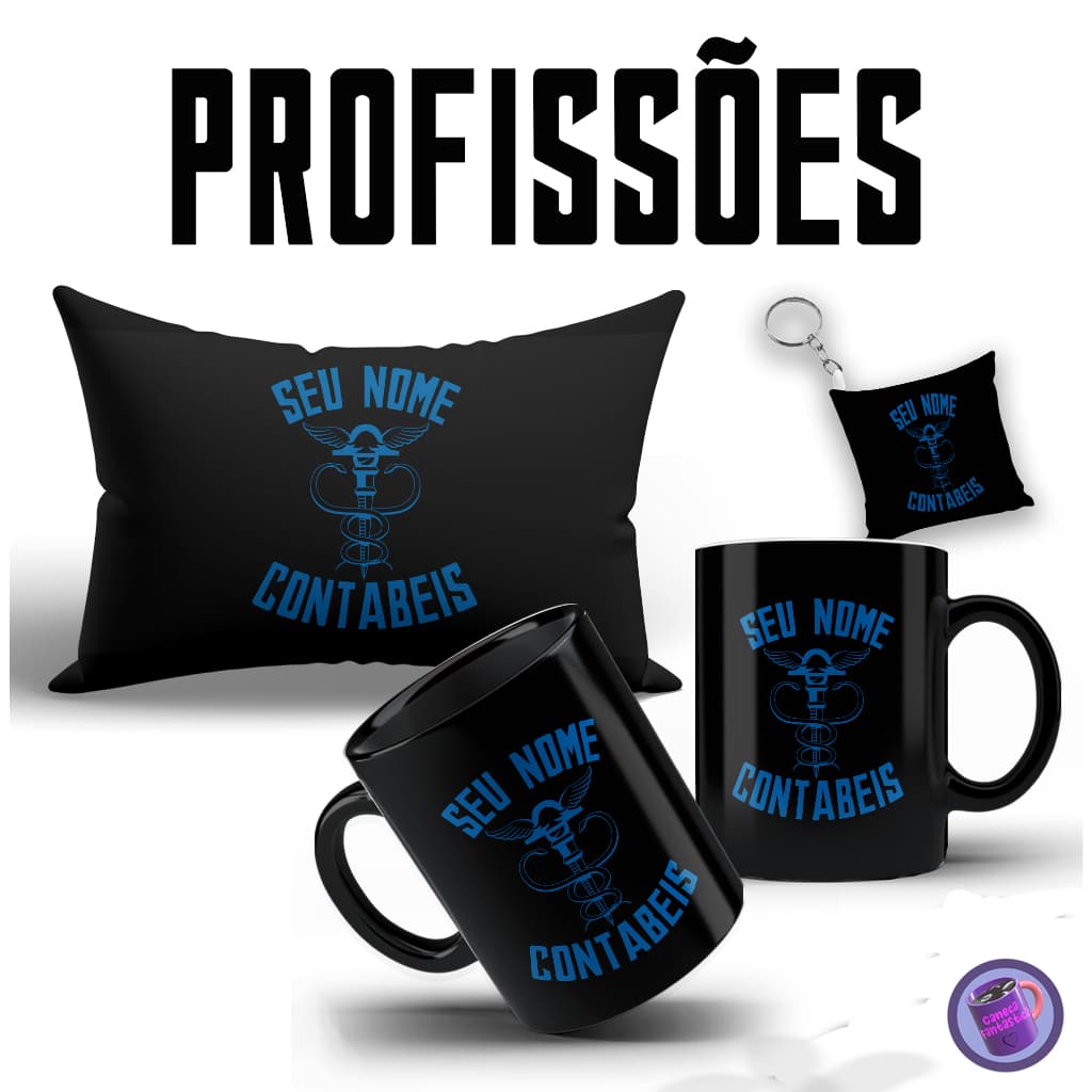 Kit Personalizado Profissões Contabilidade com Caneca Preta, Almofada e Almochaveiro