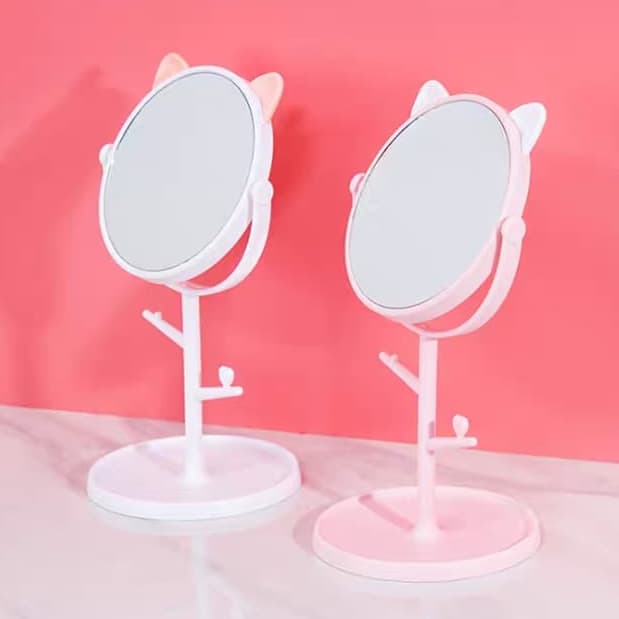 Espelho de mesa penteadeira orelinha de gatinho com porta maquiagens e bijuterias